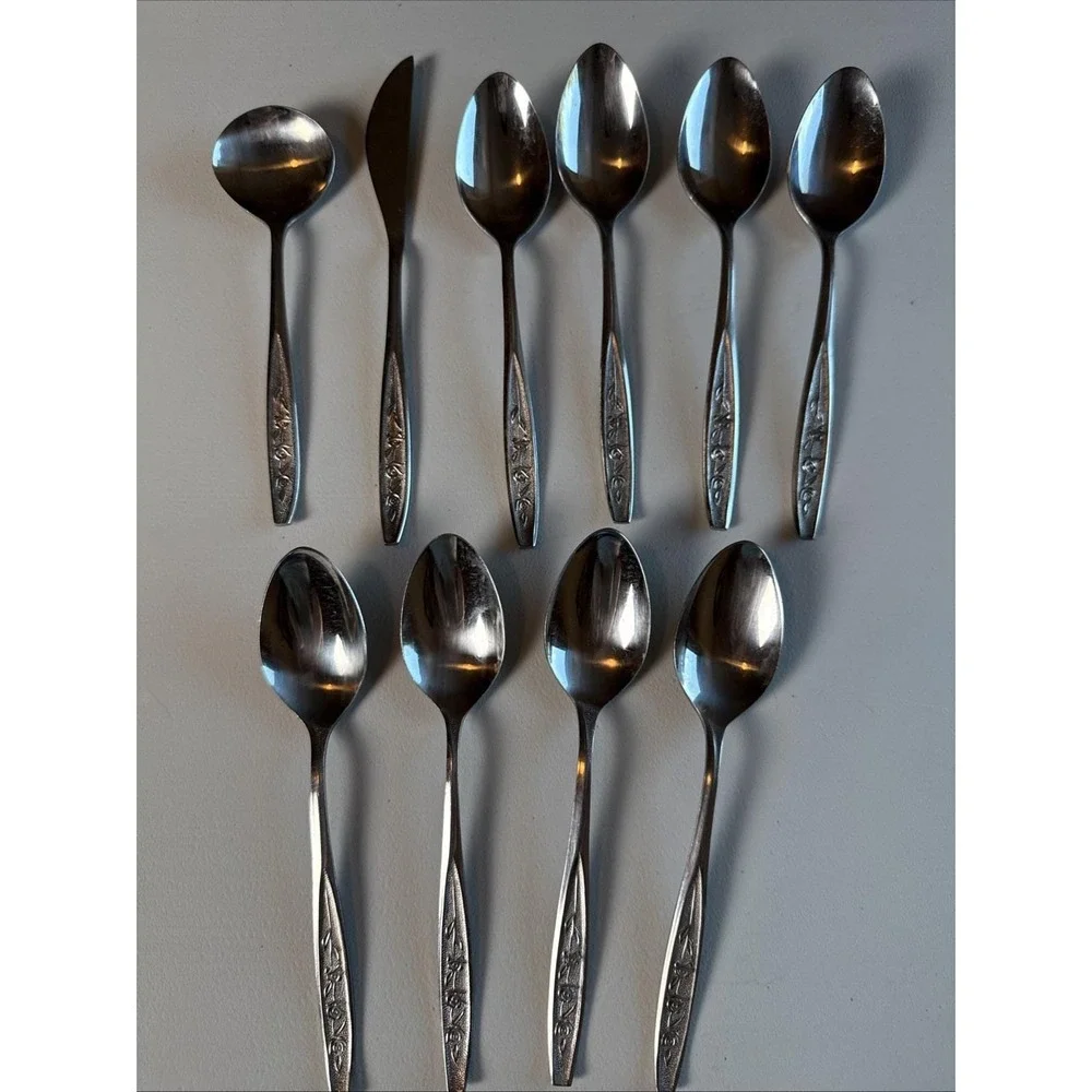 Vintage Ekco Eterna Rose Cotillion Stainless 8 Teaspoon Plus Extras Made Taiwan